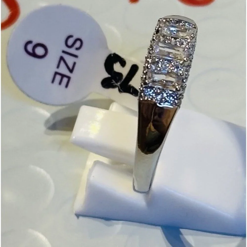 Bomb Party Ring Size 9 Clear Baguette CZ Band Rhodium Plated Sparkle NWT